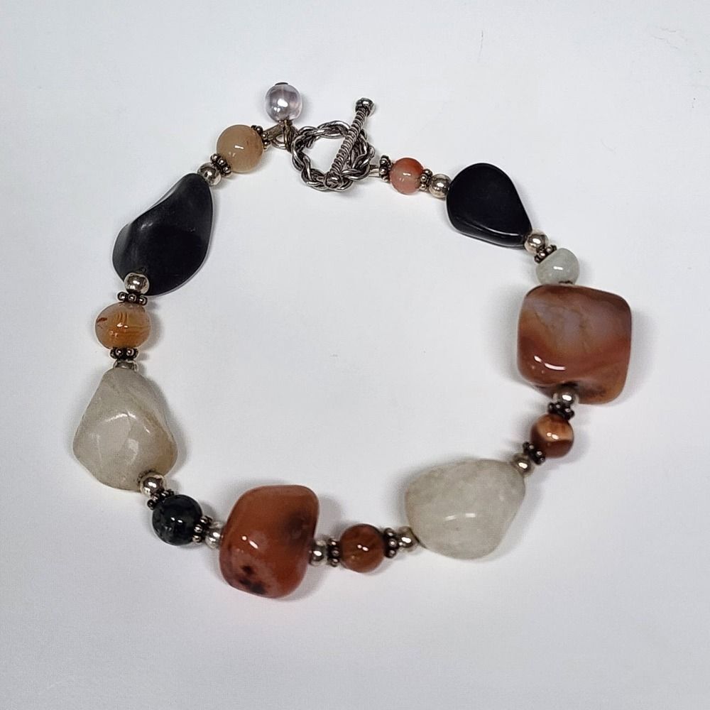 Silver‎ Tone Natural Polished Stones Gemstone Rock bracelet toggle
